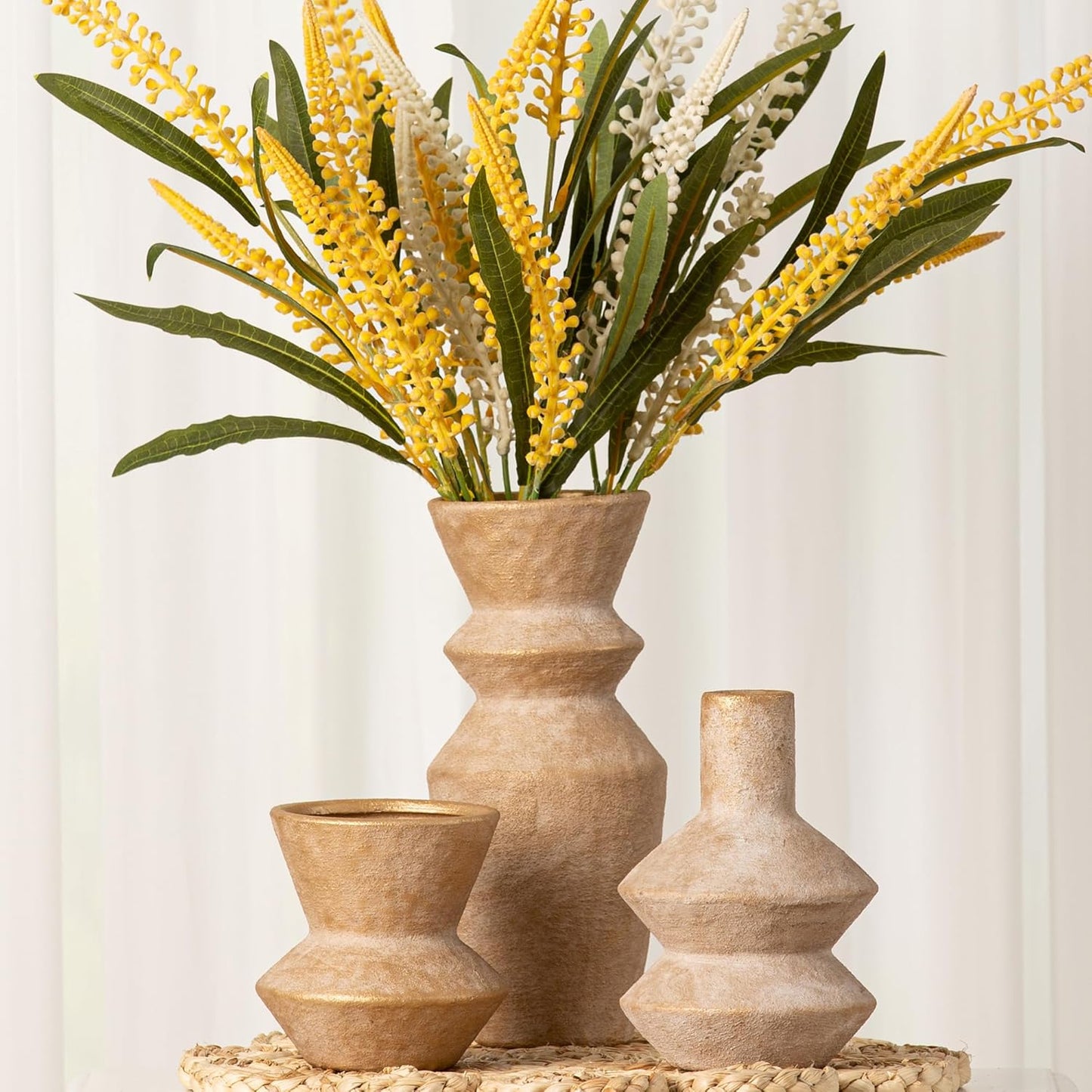Ceramic Vase Home Table Decor - Gold Flower Vase Set of 3 Living Room Kitchen Decorations Farmhouse Modern Rustic Vases Decorative Centerpiece for Shelf Bedroom Office Bathroom Dining Coffee Desk