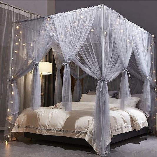 VETHIN 4 Corners Post Princess Bed Canopy Curtain Double Layer Cozy Drape Netting 4 Opening Mosquito Net for Girls & Adults Bedroom Decoration Accessories (Double Gray, 78" W*86" L*82"*H/(King))