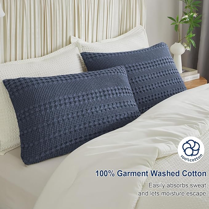 PHF 100% Cotton Waffle Pillow Shams King Size, 2 Pack 20" x 36" Soft Skin-Friendly Pillowcases, No Filling, Aesthetic Woven and Breathable Waffle Weave Pillow Case Covers for Bed, Dark Navy