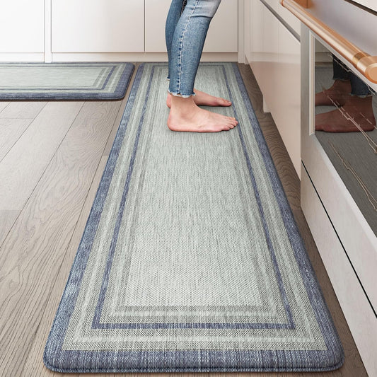 KIMODE Anti Fatigue Kitchen Mat 2PCS,Non-Skid Waterproof Kitchen Rugs,Farmhouse Kitchen Mat for Floor,Cushioned Comfort Foam Standing Mat for Floor,Office,Sink,Desk,Laundry,Blue and Gray