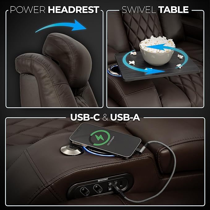 Seatcraft Diamante Zero-Gravity CoolZero Italian Leather Home Theater Seating, Power Headrest, Power Recline, Row of 5 Middle Sofa, Brown