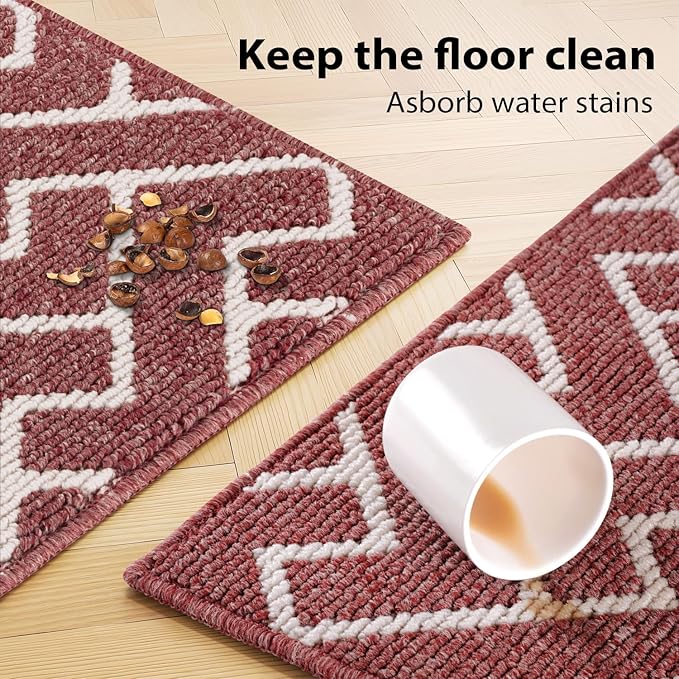 hicorfe Kitchen Rugs and Mats Sets,Non-Slip 2 Pieces Absorbent 100% Polypropylene Rug,Comfort Kitchen Runner Mat,Washable for Kitchen,Sink,Laundry(20" x 31.5" Plus 20" x 59",Red)