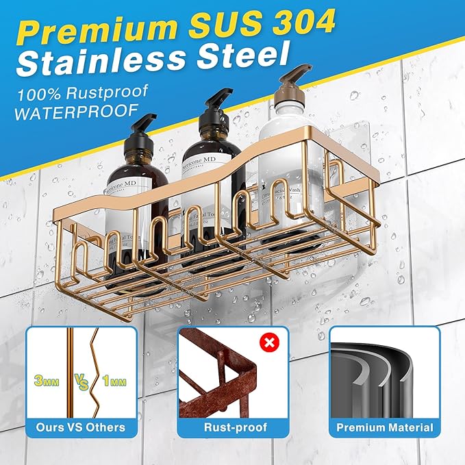 5-Pack Rustproof Stainless Steel Shower Caddy – No Drill Adhesive Bathroom Organizer with Large Capacity, Spacious Shower Shelves for Inside Shower, Kitchen & Home Decor Storage-XL Size