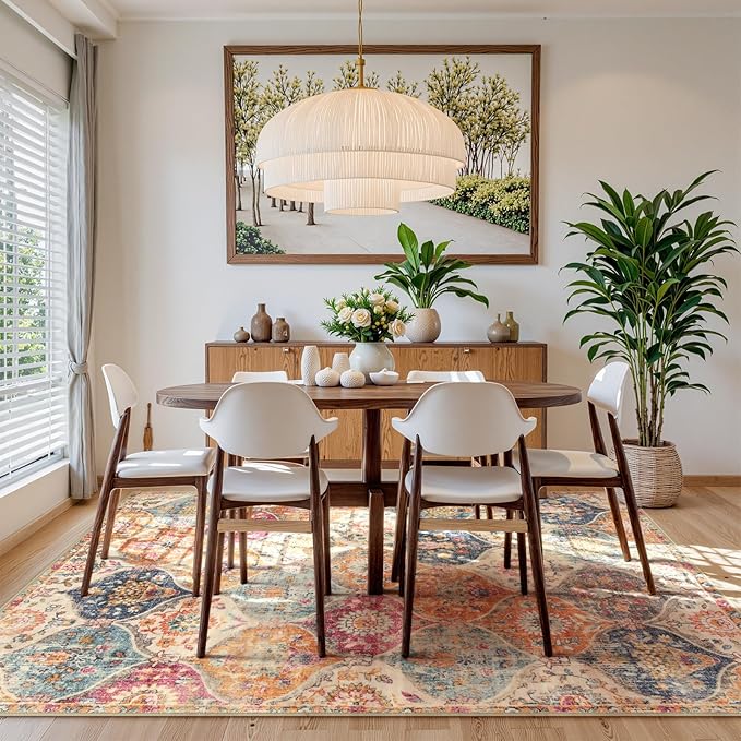 Lahome Moroccan Washable Area Rugs 8x10, 8x10 Rugs for Living Room Bedroom, Ultra-Thin Oriental Non-Slip Foldable Non Shedding Accent Large Carpet for Office Dining Room, Cream/Multi