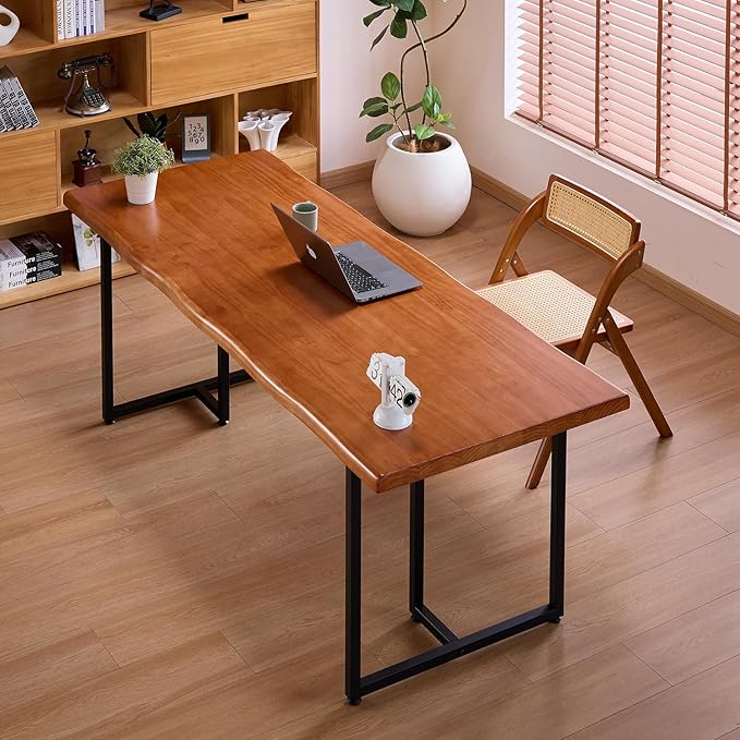 Solid Wood Administrative Desk, Dining Table with Durable Metal Legs, Uniquely Designed Leisure Table, Perfect for Restaurants and Home Offices, (Wood Brown, 78.74in)