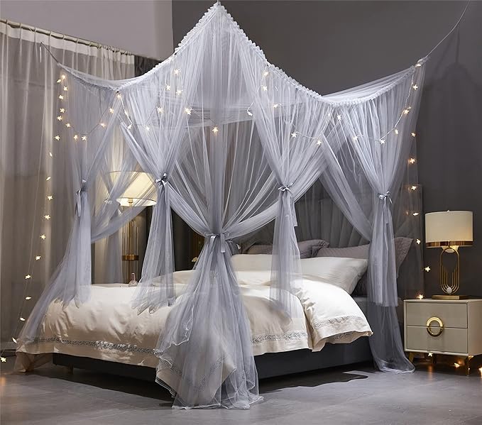 VETHIN 4 Corners Post Princess Bed Canopy Curtain Double Layer Cozy Drape Netting 4 Opening Mosquito Net for Girls & Adults Bedroom Decoration Accessories (Double Gray, 64" W*82" L*82"*H/(Queen))
