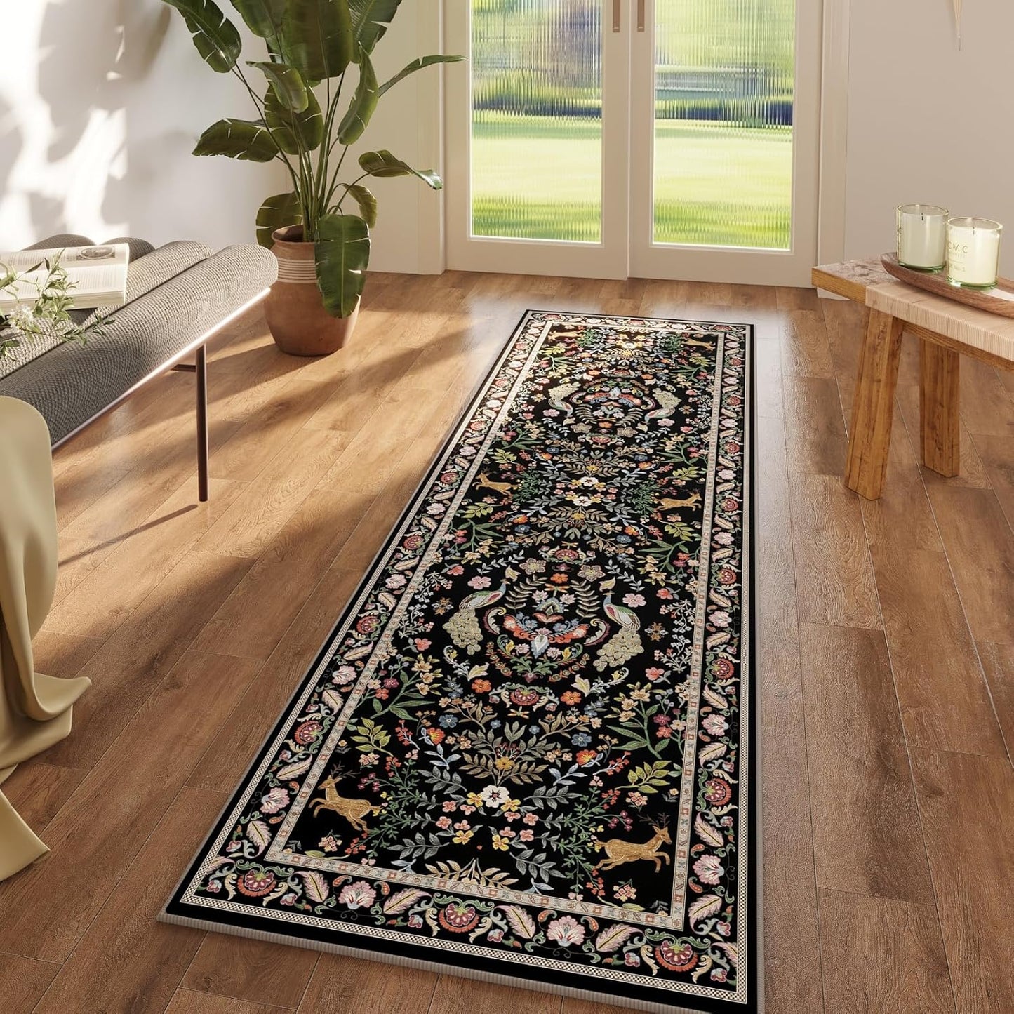 Runner Rug Washable Kitchen 2'6''x8' Rug for Entryway Indoor Floral Non-Slip Soft Carpet Runner for Hallways, Kitchen, Laundry, Bedroom, Bathroom (Vibrant Black)