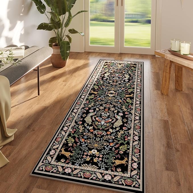 Runner Rug Washable Kitchen Runner 2'x6' Rug Floral Non-Slip for Entryway Indoor Soft Carpet for Hallways, Kitchen, Laundry, Bedroom, Bathroom (Vibrant Black)
