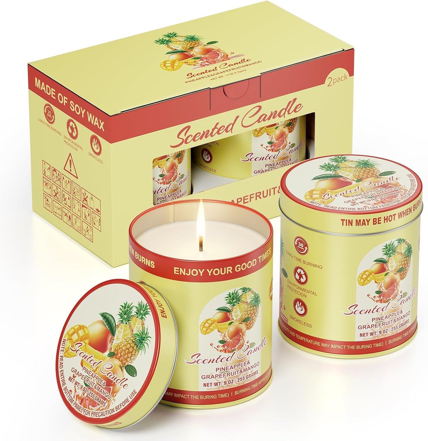 Pineapple Grapefruit Mango Scented Candles Set | 2 Pack 510g 8% Essential Oils 80H Burn | Smokeless Clean Burning Aromatherapy Tin Jar Candles for Home Relaxation, Yoga, Spa Gift for Men&Women