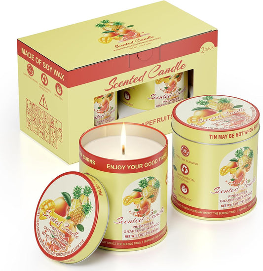 Pineapple Grapefruit Mango Scented Candles Set | 2 Pack 510g 8% Essential Oils 80H Burn | Smokeless Clean Burning Aromatherapy Tin Jar Candles for Home Relaxation, Yoga, Spa Gift for Men&Women