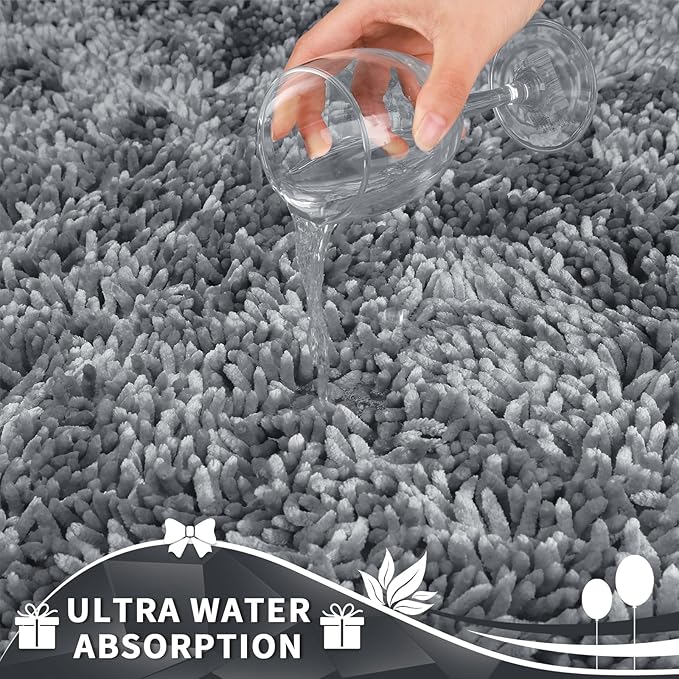 Yimobra Toilet Rugs U Shaped Washable, Extra Thick Soft Absorbent Chenille Contour Bathroom Rugs for Toilet 24x24 Inch, Quick Dry Non Slip Toilet Mat for Bath Floor, Silver
