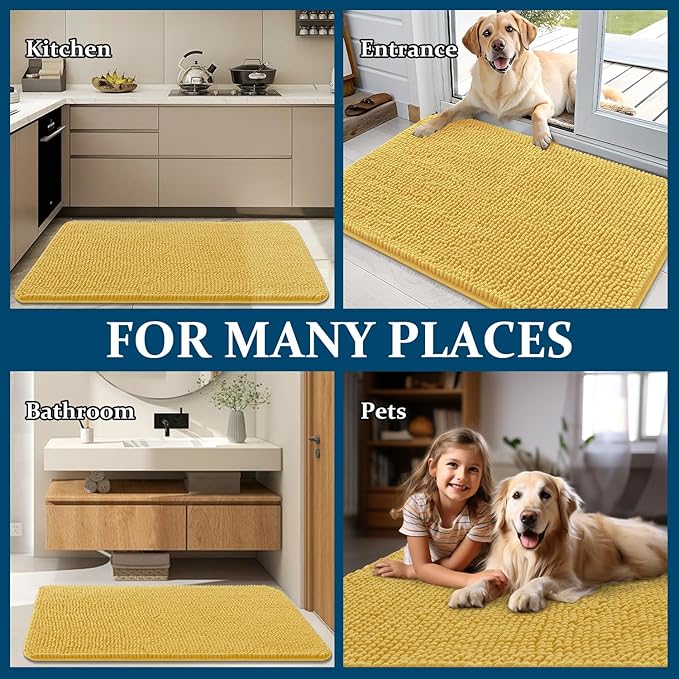 OLANLY Dog Door Mat for Muddy Paws 36x24, Absorbs Moisture and Dirt, Absorbent Non-Slip Washable Doormat, Quick Dry Chenille Mud Mat for Dogs, Entry Indoor Entryway Carpet for Inside Floor, Yellow