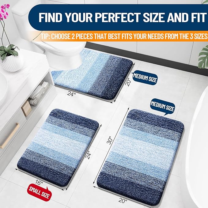 OLANLY Bathroom Rug Set 2 Piece, Soft Absorbent Microfiber Bath Mats and U-Shaped Contour Toilet Rug, Non-Slip, Machine Wash Dry, Plush Shaggy Bath Mats for Bathroom (24"x16"+24"x20", Navy)