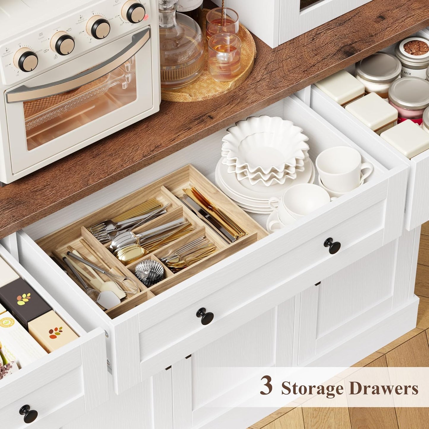 Keyluv 74.8" H Tall Pantry Cabinet with Microwave Stand and 3 Drawers, Large Kitchen Hutch Storage Cabinet with Glass Door and Adjustable Shelves for Kitchen, Dining Room, Living Room, White