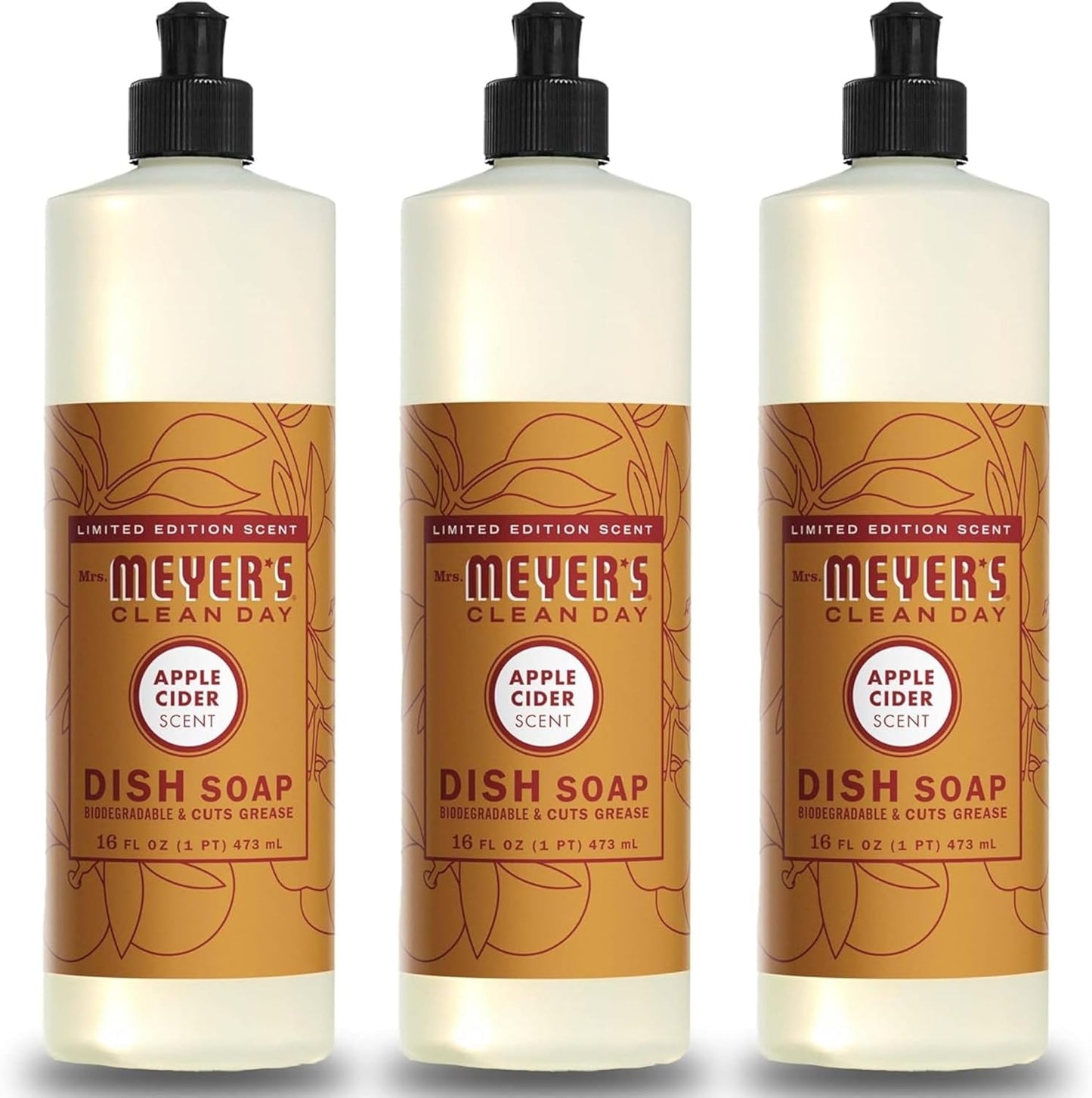 MRS. MEYER'S CLEAN DAY Liquid Dish Soap, Biodegradable Formula, Limited Edition Apple Cider, 16 fl. oz - Pack of 3