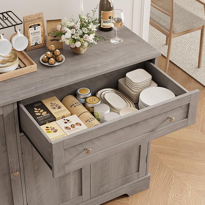 HOSTACK Buffet Cabinet with Storage, Modern Sideboard Buffet with Doors, Wood Coffee Bar Kitchen Storage Cabinet with Drawer and Adjustable Shelf for Kitchen, Dining Room, Living Room, Ash Grey