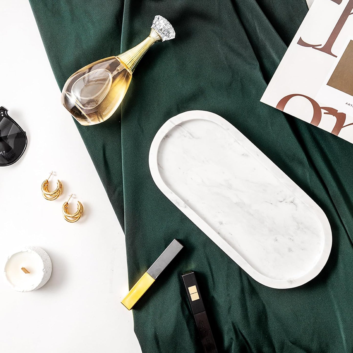 WORHE Natural Marble Vanity Tray Italy Oval Stone Trays for Candles Perfume, Decorative Jewelry Dish for Small Items, Countertop Storage Organizer for Home Bathroom Kitchen Matte Surface White (BH101)