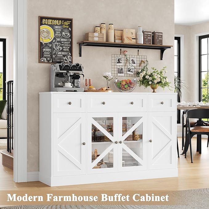 Keyluv Buffet Sideboard 55" Large Storage Cabinet 4 Doors and 3 Drawers, Farmhouse Wooden Coffee Bar Space-Saved Cupboard Furniture for Dining Room, Kitchen, Living Room, White
