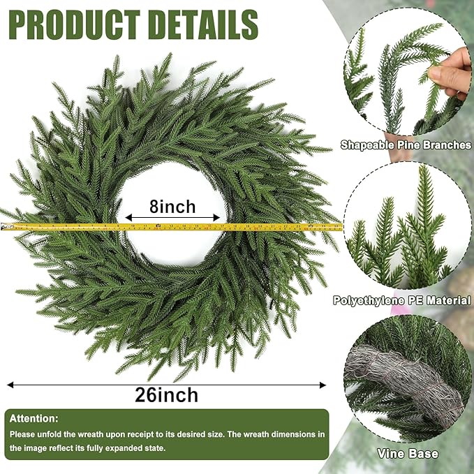 Artgar 26 Inch Pine Wreath - Christmas Wreaths for Front Door - Real Touch Pine Wreath - Large Artificial Green Wreaths for Walls Windows Porches Farmhouse Indoor Outdoor Home Decor