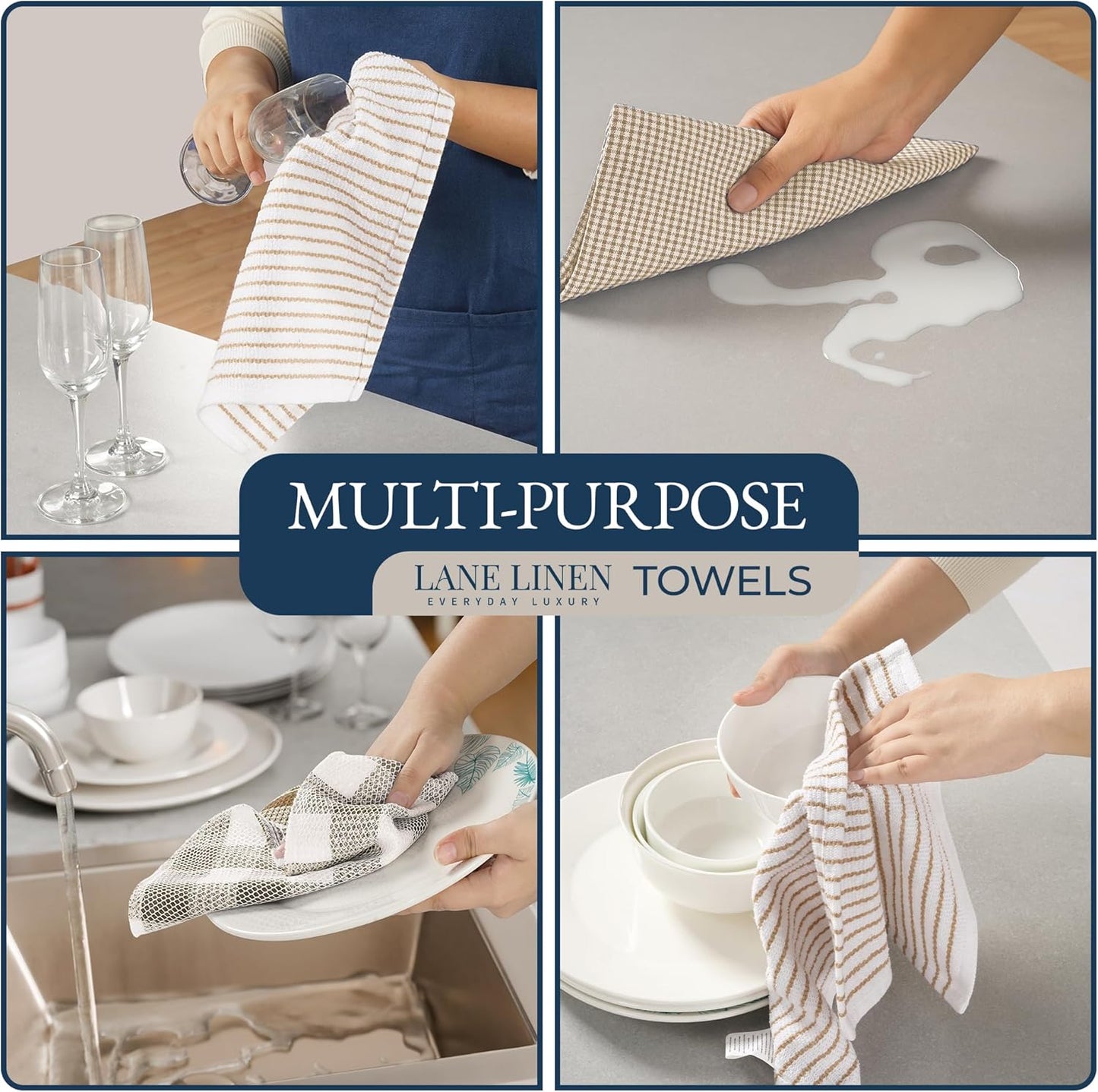 LANE LINEN 20 Piece Kitchen Dish Cloths Set - 100% Cotton Dish Towels, Heat Resistant Kitchen Mittens and Pot Holder Set, Reusable Dish Rags for Washing Dishes, Absorbent Dish Towels- Beige