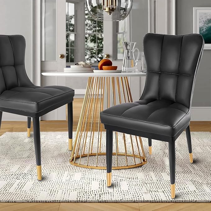 High-Back Faux Leather Dining Chairs Set of 2, Modern Sturdy Upholstered Accent Side Chair Deep Sponge Padded Seat with Metal Legs for Kitchen Dining Living Room Bedroom (Black)