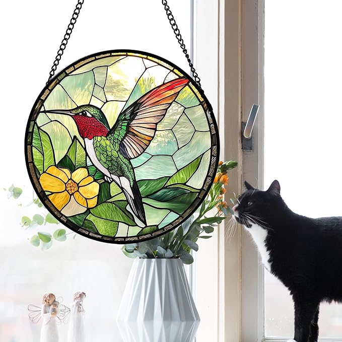 Stained Glass Window Hanging, Green Hummingbird Sun Catcher for Door Home Decor, Birds Suncatcher Christmas Mother's Day Birthday Gifts for Bird Lovers Women Men Mom and Nana 9.8 in