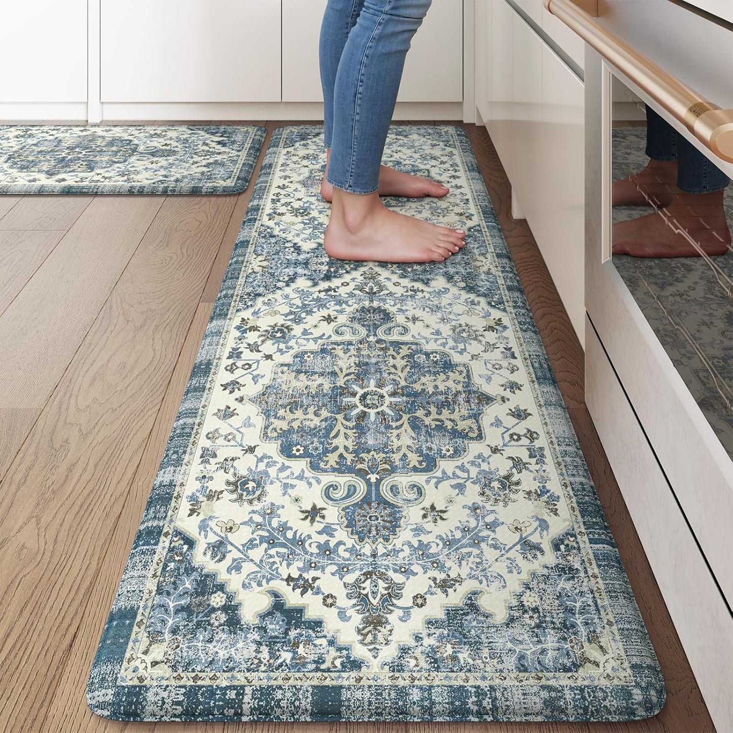 KIMODE Anti Fatigue Kitchen Mat for Floor 17.3"x29"+17.3"x59", Boho Vintage Kitchen Rugs Sets of 2, Cushioned Non Slip Kitchen Mats for Floor, Comfort Kitchen Floor Mat for Sink Laundry Desk Blue