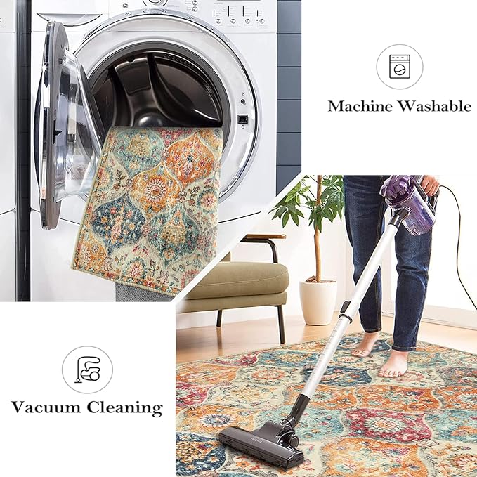 Lahome Moroccan Trellis Washable Round Area Rug, Soft Round Rugs 6ft Ultra-Thin Non-Slip, Vintage Large Circle Carpet for Bedroom Living Room Kitchen Nursery, Cream/Multi