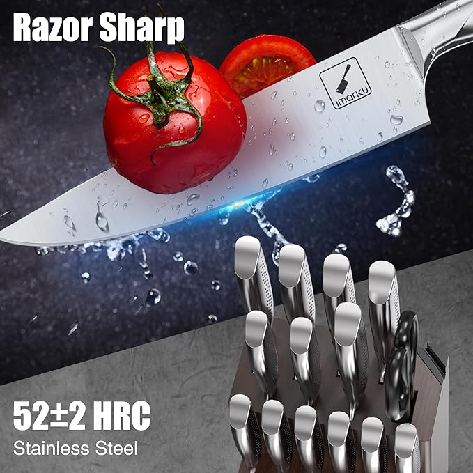 imarku Knife Set, 15-Pieces HC Stainless Steel Kitchen Knife Set With Built in Knife Sharpener, Razor-Sharp Blade Knife Block Set With Non-Slip Handle, Dishwasher Safe, Best Birthday Gifts