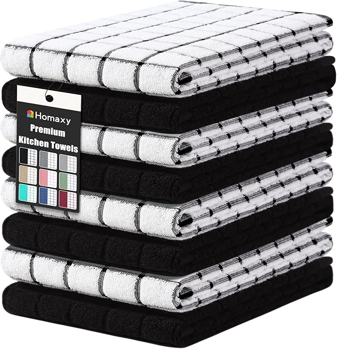 Homaxy Premium Cotton Kitchen Towels 16"x 28", Large Natural Ring Spun 390 GSM Dish Towels, Super Absorbent Terry Kitchen Hand Towels, Soft Tea Towel with Hanging Loop, Black Check Design, 8 Pack