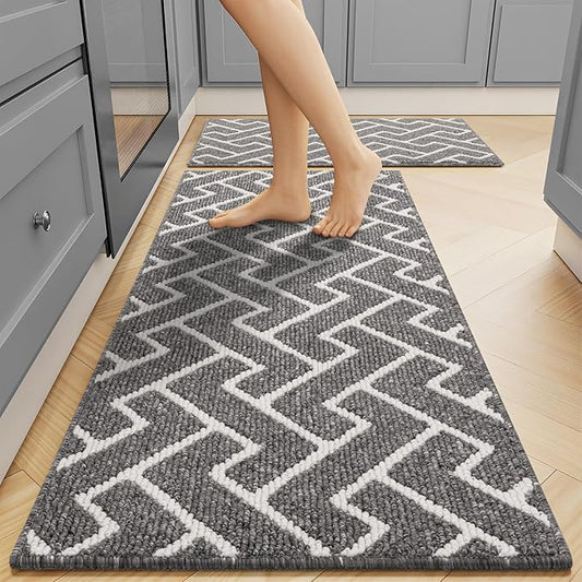 hicorfe Kitchen Rugs and Mats Sets,Non-Slip 2 Pieces Absorbent 100% Polypropylene Rug,Comfort Kitchen Runner Mat,Washable for Kitchen,Sink,Laundry(20" x 31.5" Plus 20" x 59",Grey)