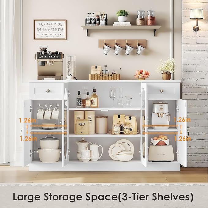 Keyluv Buffet Cabinet 55" Large Storage Coffee Bar with Drawer and Shelves, 3 Spacious Shelves Behind Glass Doors Sideboard Cabinet, Modern Farmhouse Furniture for Kitchen/Dining/Living Room, White