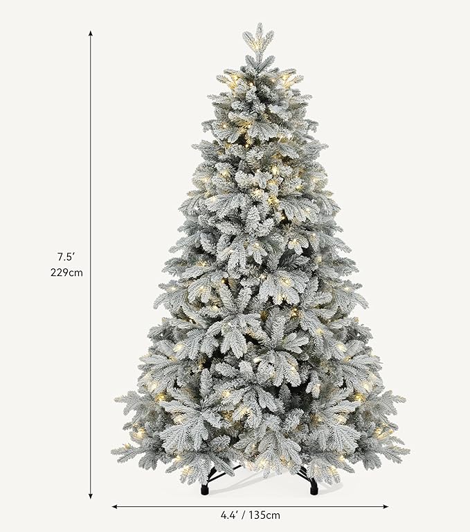 DWVO 7.5ft Pre-Lit Snow Flocked Artificial Christmas Tree, Luxurious Canaan Fir Design with 1687 PE & PVC Branch Tips, 330 Lights for Colorful Home and Office Holiday Decoration with Remote Control