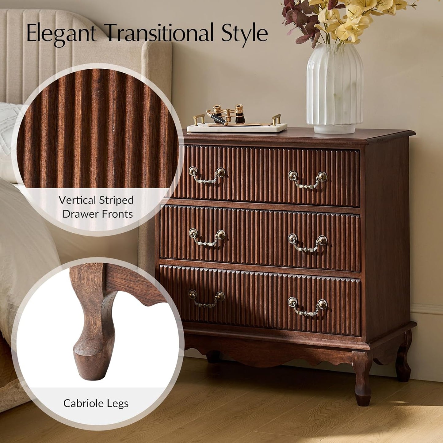 HULALA HOME Transitional Nightstand Set of 2 with 3 Drawers and Charging Station, 28" Solid Paulownia Wood Nightstand with Fluted Front Design, Walnut