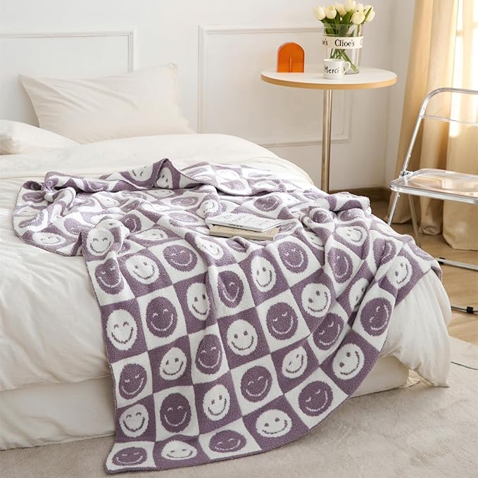 YIRUIO with Smiley Faces Checkerboard Throw Blankets Checkered Reversible Microfiber Super Soft Warm Cozy Fluffy Shaggy Blanket for Home Office Couch Bed Sofa Decor (Lavender)