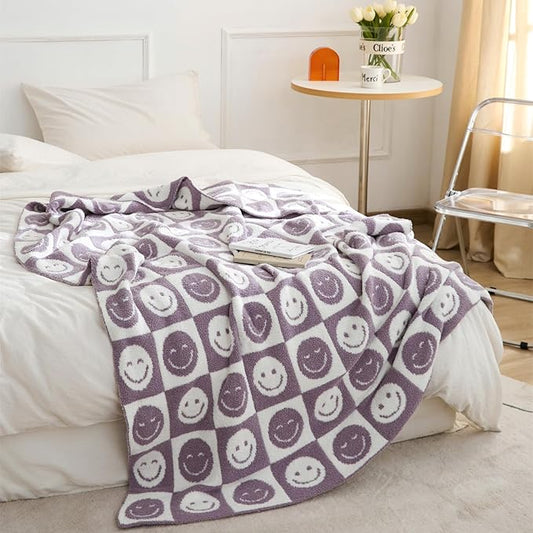 YIRUIO with Smiley Faces Checkerboard Throw Blankets Checkered Reversible Microfiber Super Soft Warm Cozy Fluffy Shaggy Blanket for Home Office Couch Bed Sofa Decor (Lavender)