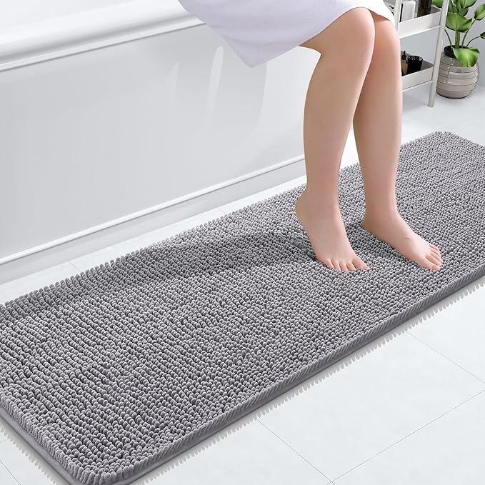 OLANLY Bathroom Rugs 59x20, Extra Soft Absorbent Chenille Bath Rugs, Rubber Backing Quick Dry, Machine Washable Bath Mats for Bathroom Floor, Tub and Shower, Home Decor Accessories, Grey