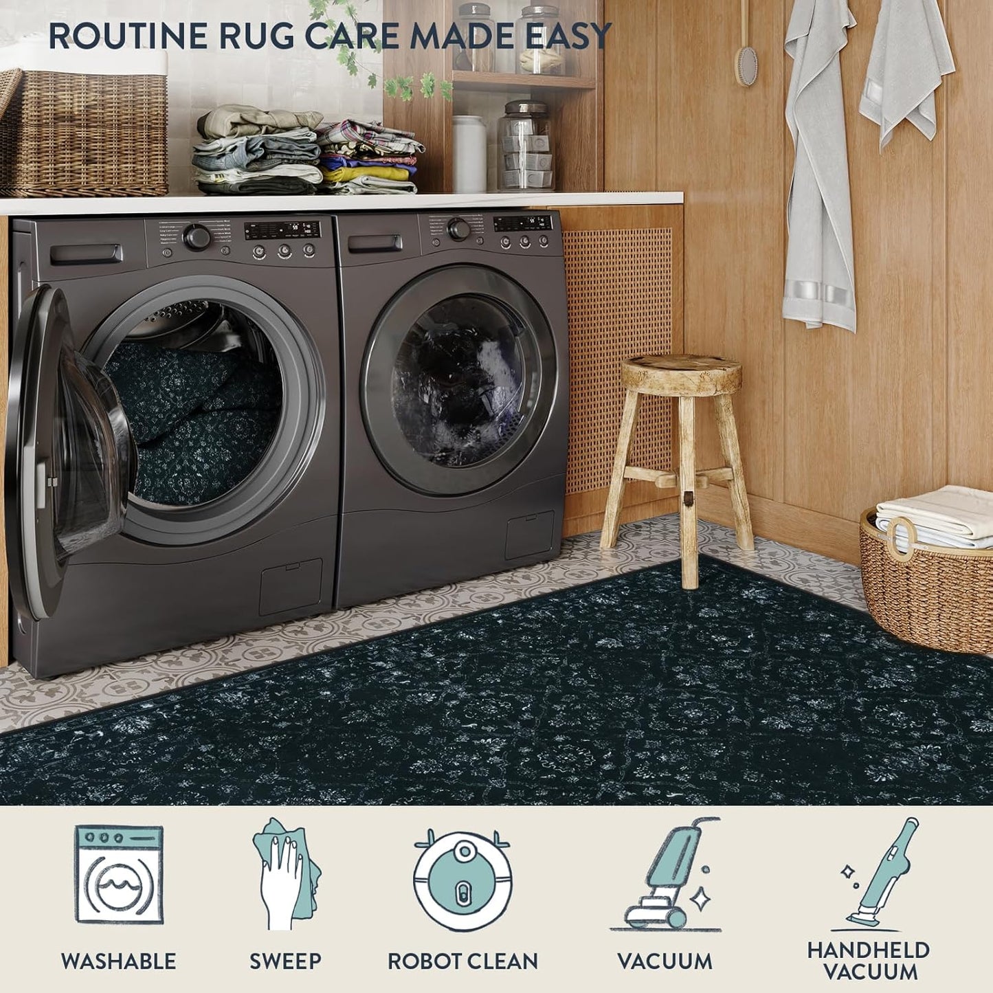 Vintage Washable Black Rugs for Bedroom, Ultra-Thin Soft 6x9 Area Rugs for Living Room Non Slip, Stain Resistant Boho Carpet Rug for Dining Room Office (6'x9', Black)