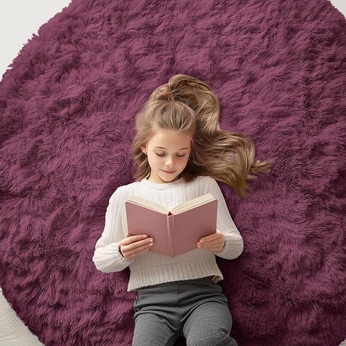 OLANLY Burgundy Round Rugs for Bedroom - Machine Washable, 5 ft Circle Area Rugs for Living Room, Soft and Fluffy Shaggy Carpet for Teen Girls and Boys, Nursery Rooms, Dorms, Home Decor Aesthetic