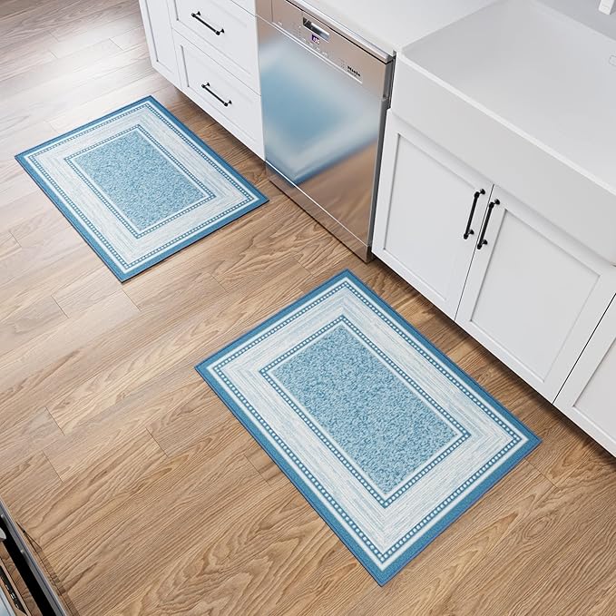 Ottomanson Rugs for Entryway 2'3" x 3' - 2 Pack Non Slip Border Small Area Rugs Durable Front Door Mat Rug Stain Resistant Entrance Rugs for Bathroom Kitchen Bedroom & Living Room, Turquoise