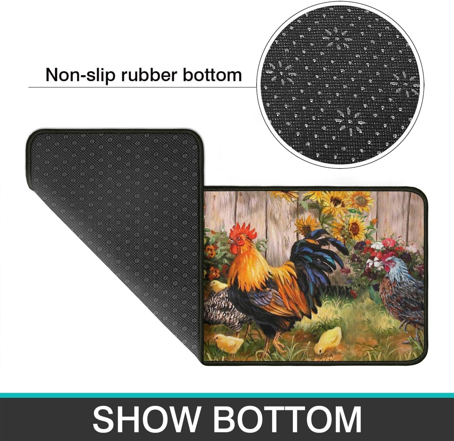 Rooster Kitchen Rugs 2 Piece Set Sunflower Decor Kitchen Floor Mat, Microfiber Washable Runner Rugs, Farmhouse Chicken Decorations Kitchen Mats,17"x47"+17"x30"