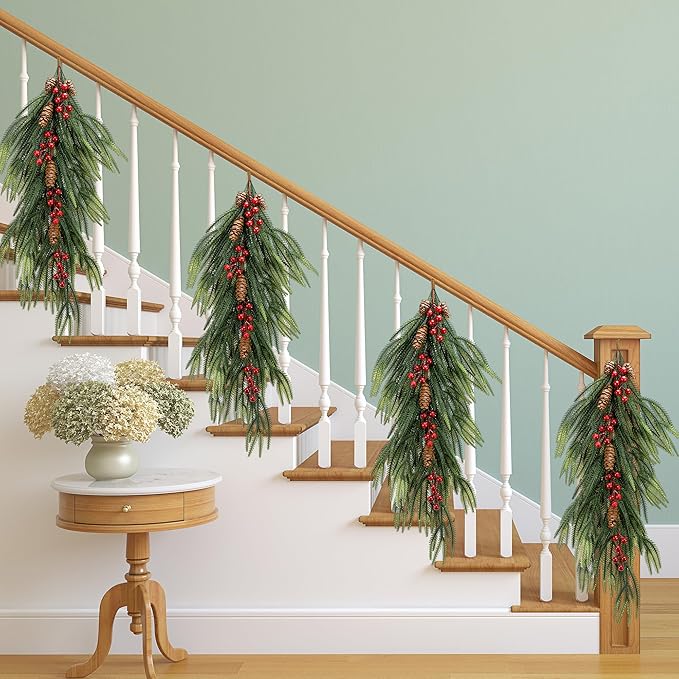 2 Pcs Artificial Christmas Teardrop Swag with Berries and Pinecones, Faux Berry Pine Branch Teardrop Door Swag, Real Touch Norfolk Wreath Greenery Staircase Swags for Xmas Door Mantle Fireplace Decor