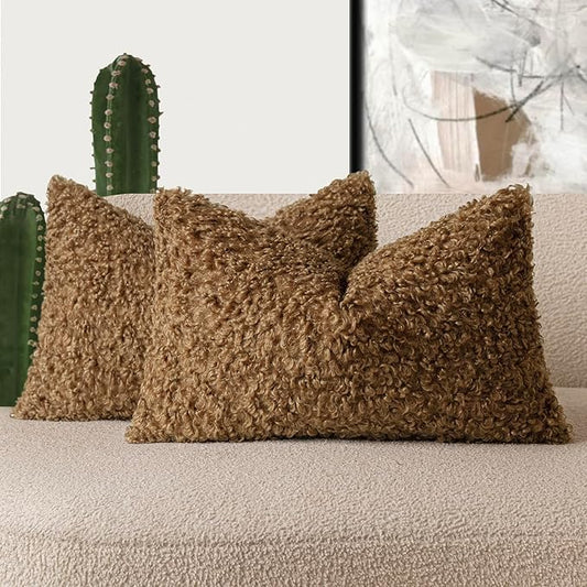 Foindtower Set of 2 Curly Teddy Wool Pillow Covers Decorative Boucle Textured Lumbar Throw Pillow Faux Fur Sherpa Pillowcases Sheepskin Fuzzy Cushion Case for Sofa Bedroom Car 12"x20" Dark Bronze