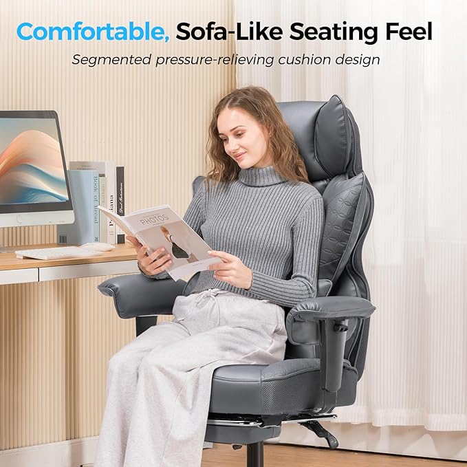 COMHOMA Big and Tall Office Chair 400LBS Wide Ergonomic Gaming Chair with Deluxe Embossing Designed Leather with Foot Rest,150°Reclining Adjustable Armrests Pocket Spring Back Support and Pillow