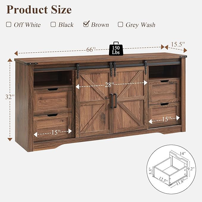JXQTLINGMU Farmhouse TV Stand for 75+ Inch TV, 32" Tall Entertainment Center w/4 Drawers & Sliding Barn Door, Rustic Media Console w/Storage Shelves, 66" Wood Television Stand for Living Room, Brown