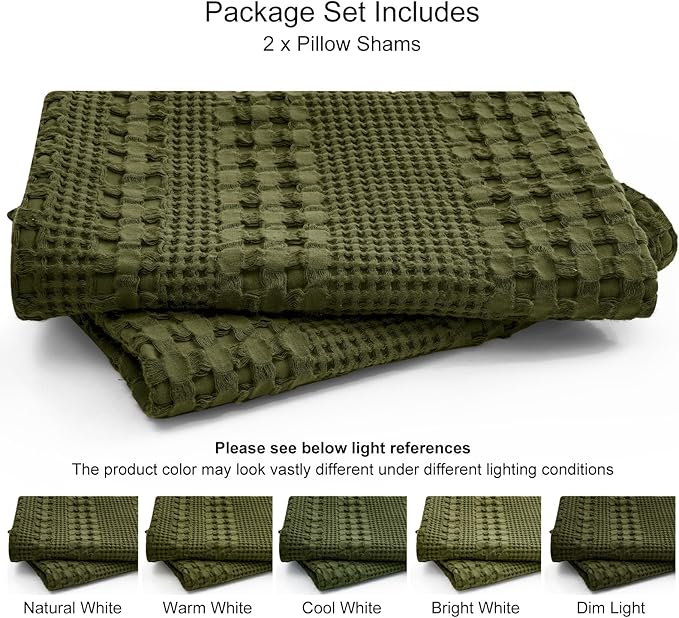 PHF 100% Cotton Waffle Pillow Shams Queen Size, 2 Pack 20" x 30" Soft Skin-Friendly Pillowcases, No Filling, Aesthetic Woven and Breathable Waffle Weave Pillow Case Covers for Bed, Capulet Olive