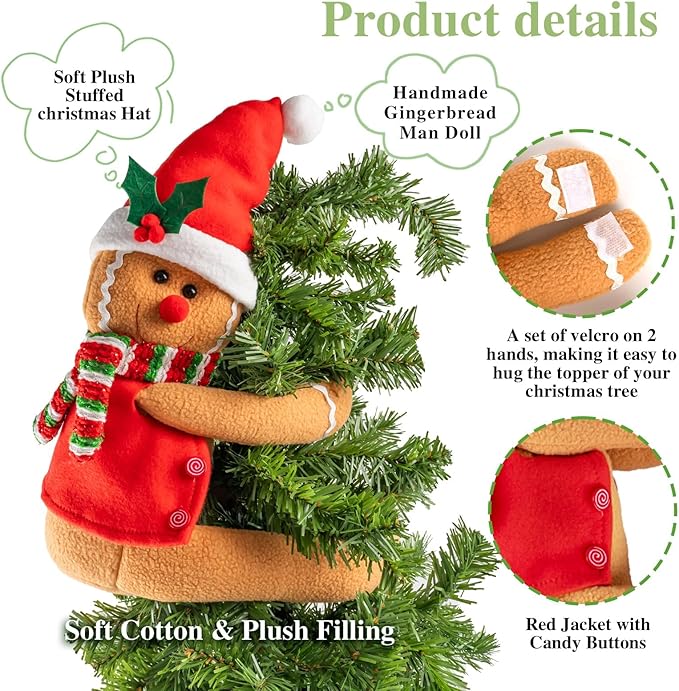 Gingerbread Christmas Tree Topper Decorations,Gingerbread Ornament Doll Tree Hugger Decor for Curtain Wine Bottle Christmas Tree Holiday Home Decor, 11" x 15"