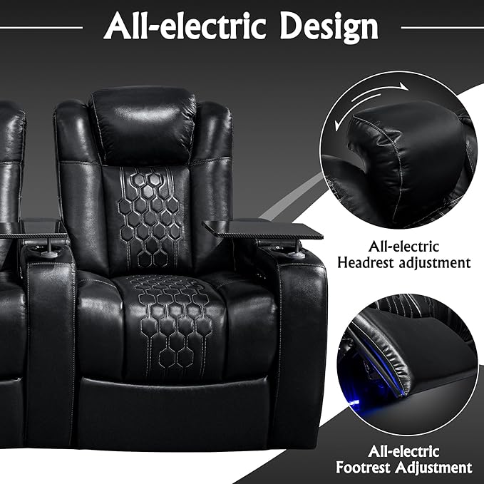 Home Theater Seating, Living Room, Powered Headrest, Powered Lumbar, Italian Leather, Powered Recline, Single Recliner (Coffee Color, Row of 3 Loveseat Left)