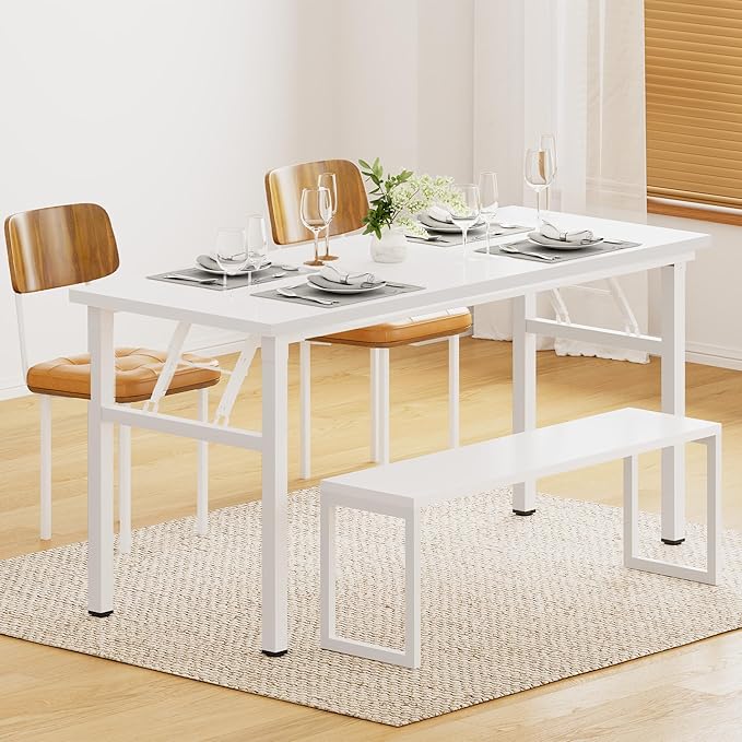 DlandHome Computer Desk 62 inches Office Desk Computer Table Study Writing Desk Workstation for Home Office Metal Frame No Install Needed White and White