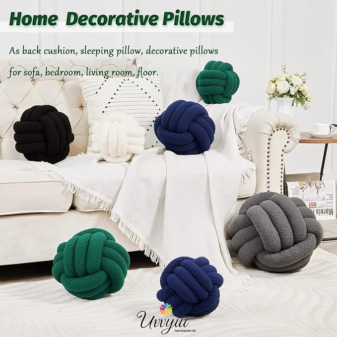 Uvvyui Knot Pillow Ball, Soft Home Decorative Pillows, Round Throw Pillow, Handmade Knotted Plush Pillow, Round Boucle Pillow Cushion (11 Inches Dark Green)